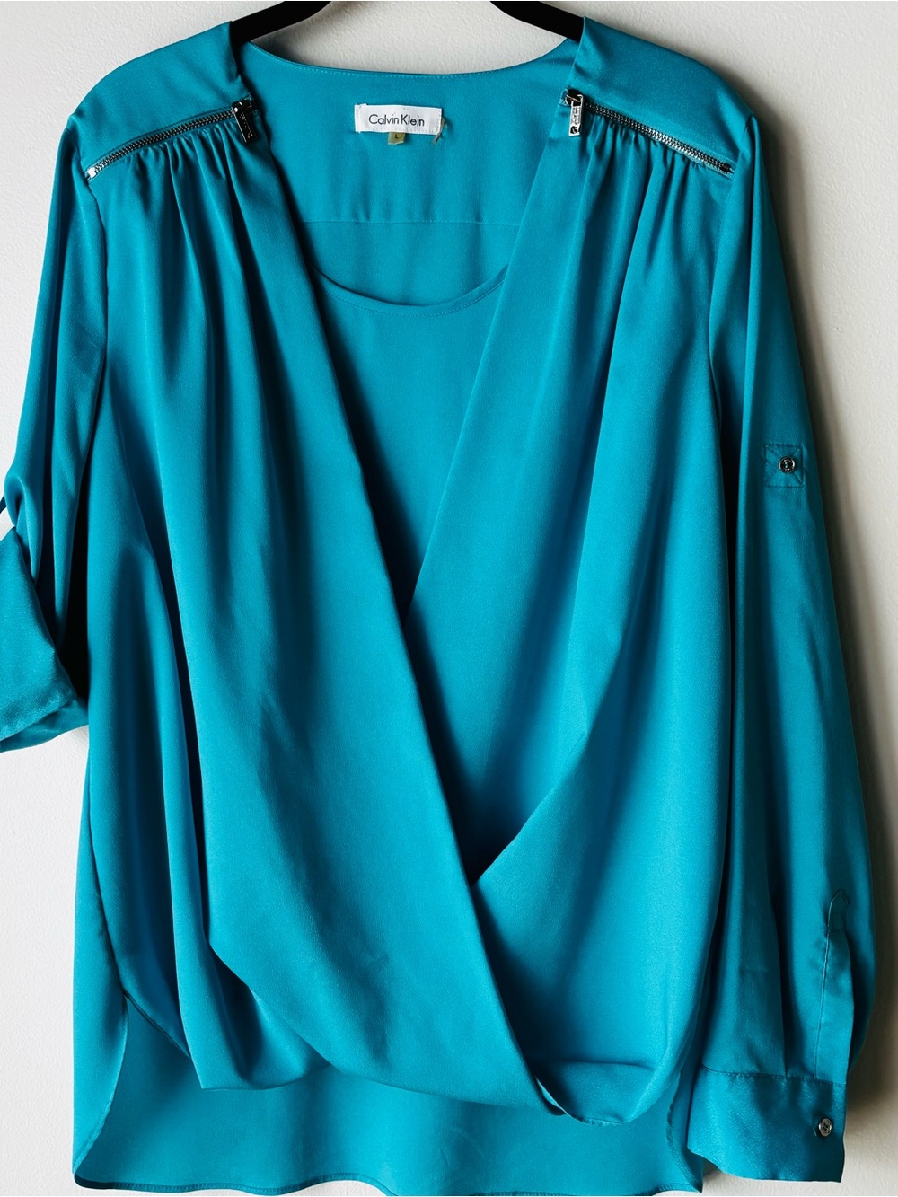 Calvin Klein Turquoise Draped Surplice Blouse with Shoulder Zips
